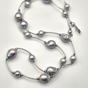 LUC Sterling Silver 925 Pearl Necklace Grey Baroque Iridescent Formal‎ Wedding